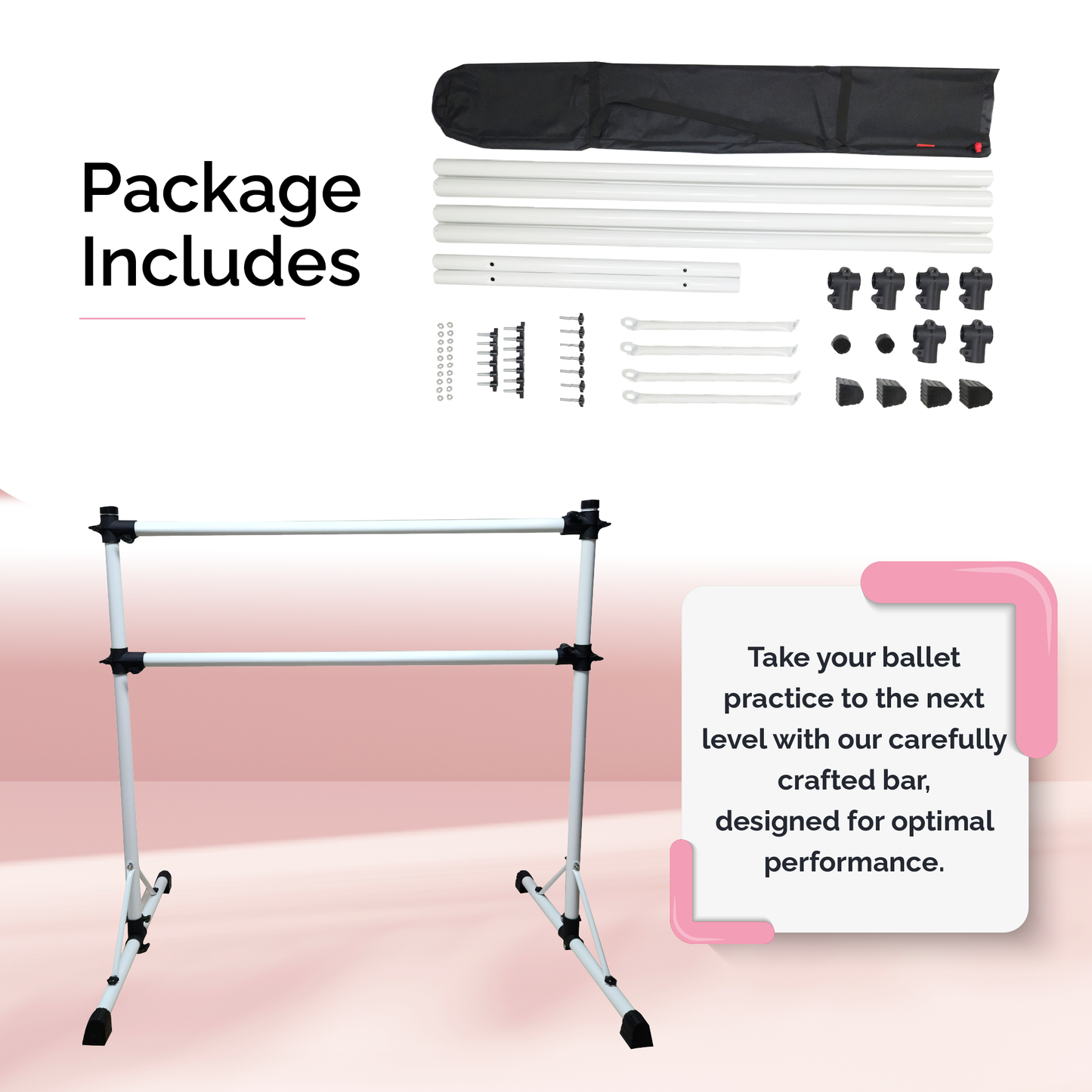 BALLERINA BASICS New and Improved 4 Ft Steel Double Ballet Barre with Carry Bag and Beginner Guide